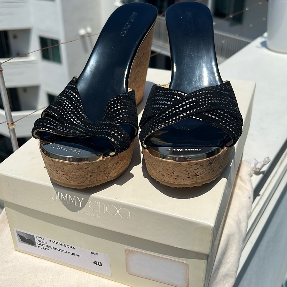 JIMMY CHOO wedges (40) Black & Gold. Like NEW with box & dust bag. Versatile!
